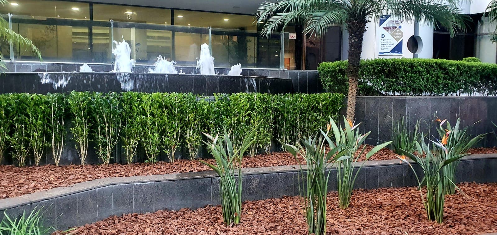 Composição paisagística e fonte na área externa do hotel